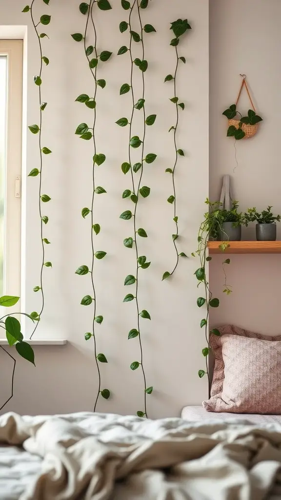 A bedroom with climbing plants on a wall, showcasing a cozy and lush atmosphere.