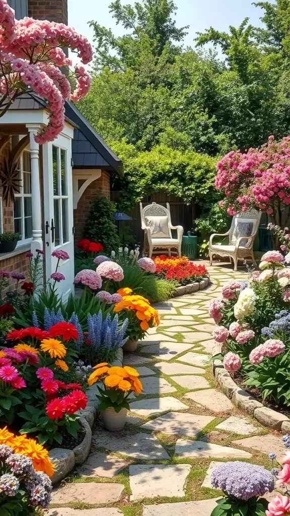 23 Stunning Cottage Garden Design Ideas for a Charming Outdoor Space 2 A charming cottage garden path lined with colorful flowers and seating areas.