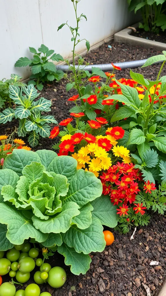 A small garden featuring a mix of edible plants and colorful flowers, including tomatoes and leafy greens.