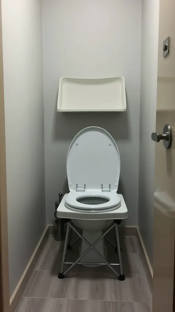 A small toilet room with a foldable shelf above a toilet.