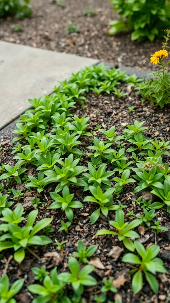 Lush green ground cover plants in a small garden