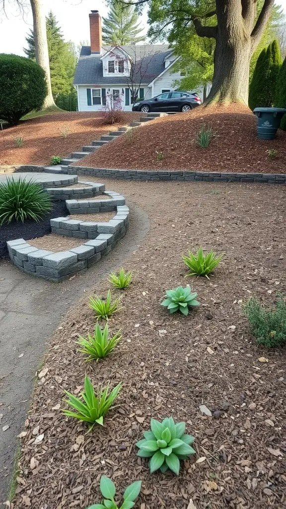 A sloped backyard featuring mulch, ground cover plants, and stone steps.