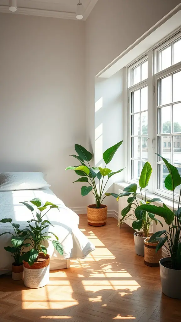 A bright bedroom filled with potted plants and natural light coming through large windows.