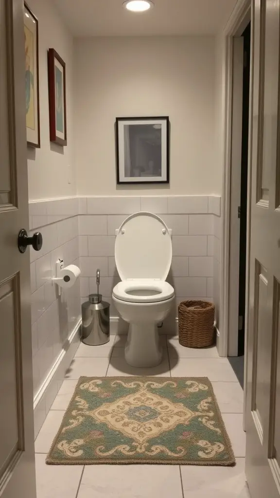 A small toilet room featuring a patterned rug, toilet, and decorative items on the wall.