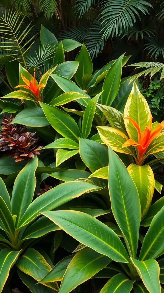 31 Stunning Tropical Garden Design Ideas for Your Backyard 28 A vibrant tropical garden with textured plants, featuring large green leaves and bright orange flowers.