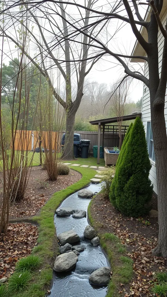 A landscaped garden with a natural drainage stream surrounded by rocks and vegetation.