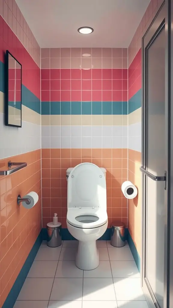 25 Genius Ideas for Maximizing Small Toilet Rooms 25 A small toilet room featuring color-blocked tiles in pink, blue, and beige.