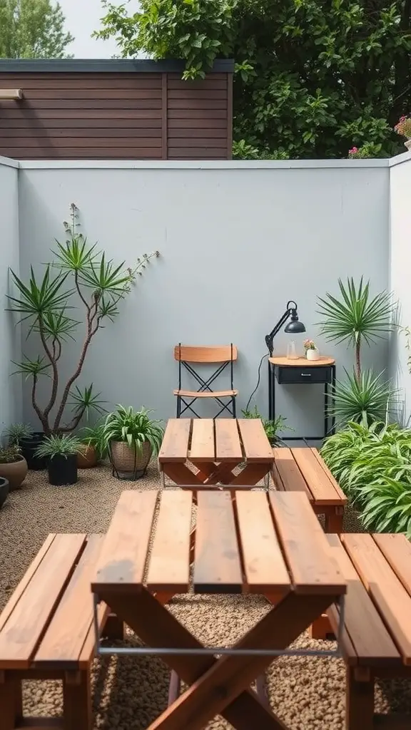 A small garden featuring wooden picnic-style tables and plants, showcasing multi-functional furniture.