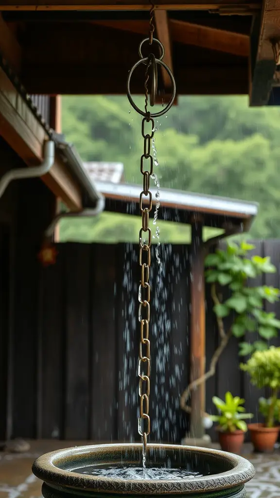 A rain chain with water flowing down into a decorative basin.