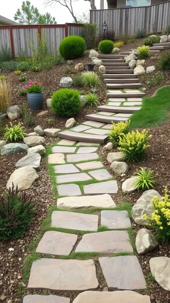 A sloped backyard with stone steps leading up a pathway surrounded by colorful plants and shrubs.