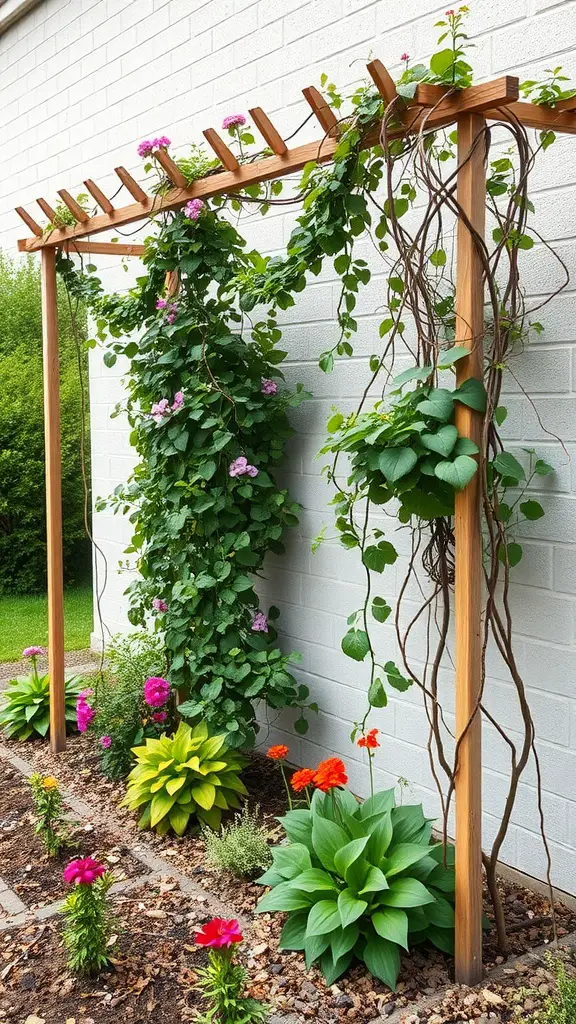 A wooden trellis with climbing plants and colorful flowers in a small garden.