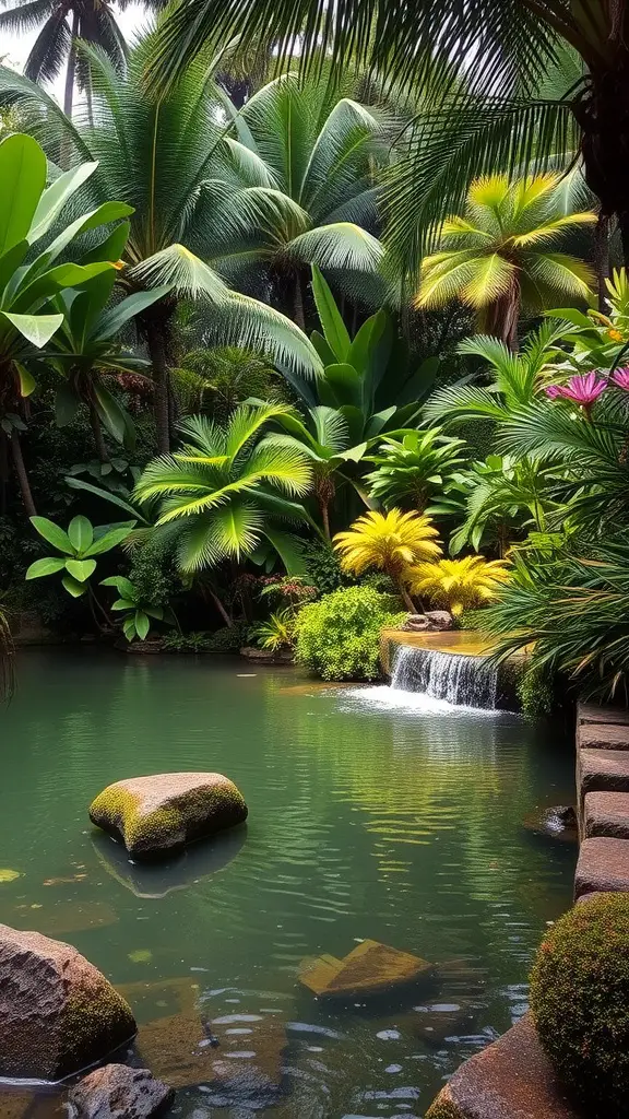 31 Stunning Tropical Garden Design Ideas for Your Backyard 6 A serene tropical garden with a pond and waterfall surrounded by lush greenery.