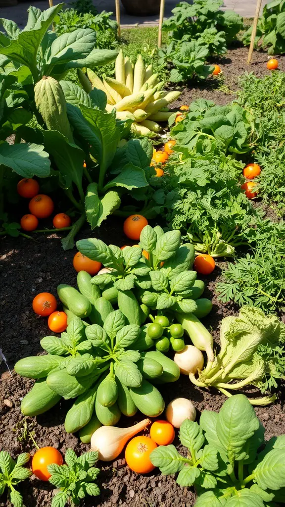 33 Creative Backyard Garden Ideas You Need to Try 29 A vibrant vegetable patch featuring green zucchinis, orange tomatoes, and leafy greens growing in healthy soil.