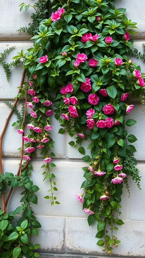 A vertical garden with pink flowers and lush green leaves cascading down a wall.