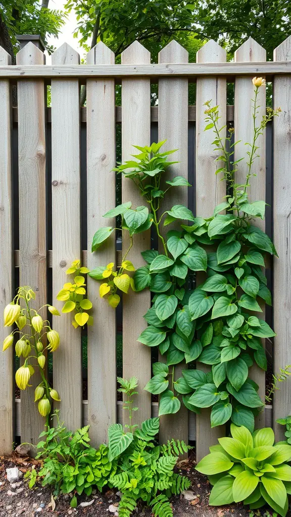 27 Creative and Affordable DIY Fence Ideas for Your Yard 14 A wooden fence with climbing plants and greenery