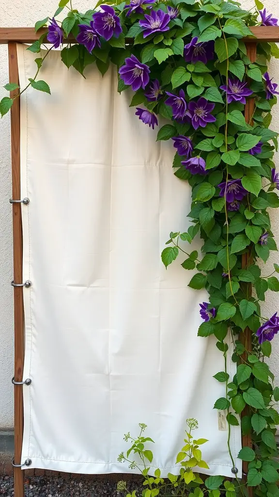 21 Stunning Clematis Trellis Ideas for Your Garden 8 A vertical garden trellis with purple clematis flowers climbing on it, featuring a white backdrop