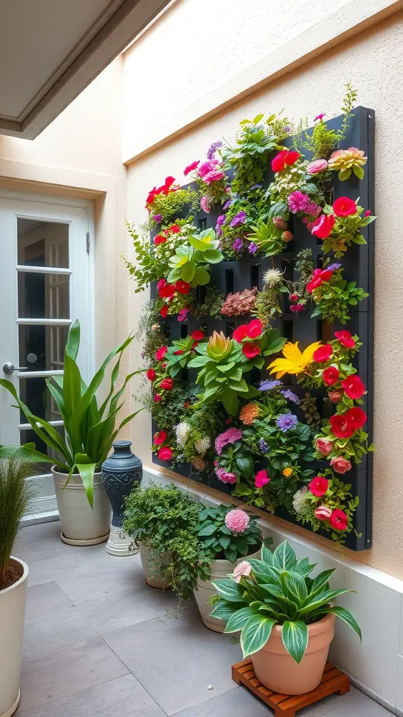 25 Creative Small Patio Ideas for Your Outdoor Space 7 A colorful vertical garden wall with various flowers and plants, surrounded by potted plants on a small patio.