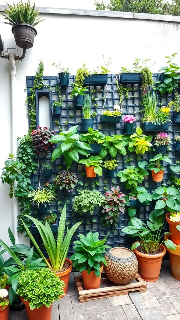 A vertical garden wall displaying various plants in pots, with a mix of greenery and colorful flowers.