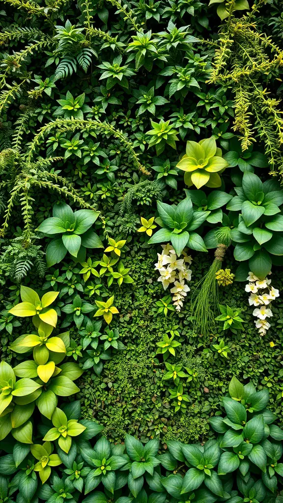 A lush vertical garden wall featuring various shades of green plants and some blooming flowers.