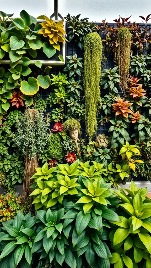 27 Absolutely Stunning Secret Garden Ideas to Inspire Your Space 9 A vibrant vertical garden wall with various green plants and decorative elements.
