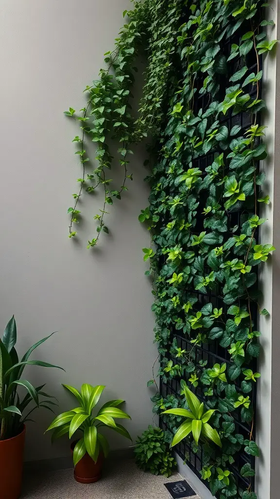 27 Creative Corner Landscaping Ideas for Your Garden 2 Vertical garden with climbing plants on a wall, surrounded by potted plants.