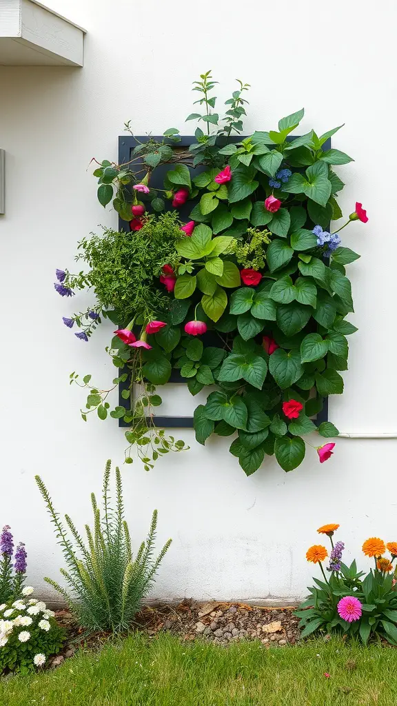 25 Stunning Front Yard Landscaping Ideas to Elevate Your Curb Appeal 12 A vibrant vertical garden mounted on a wall, featuring a mix of colorful flowers and green leaves, alongside a flower bed with various blooms.