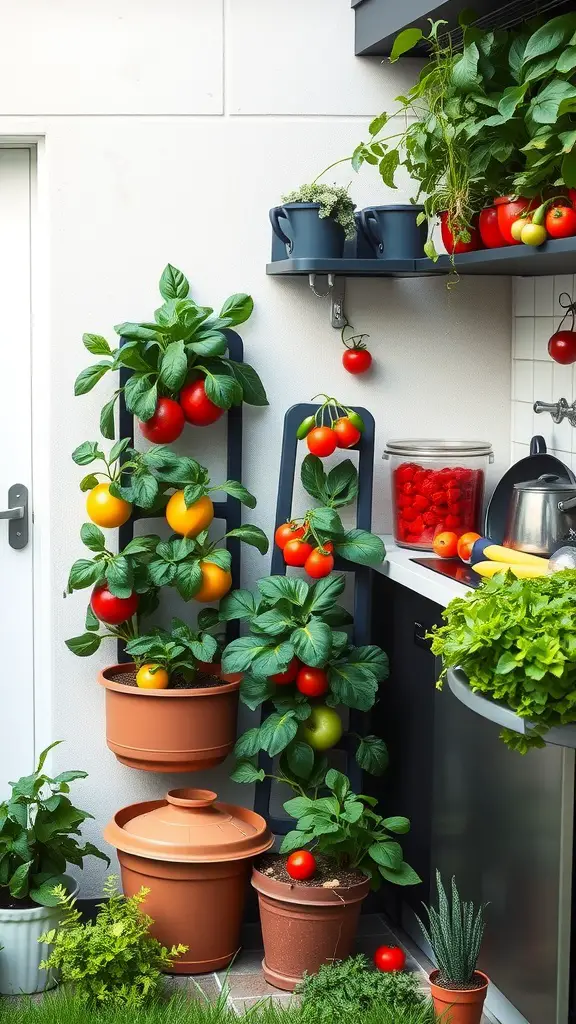 35 Creative Backyard Kitchen Ideas for Outdoor Cooking Enthusiasts 33 A vertical garden with tomato plants and herbs in a backyard kitchen setting