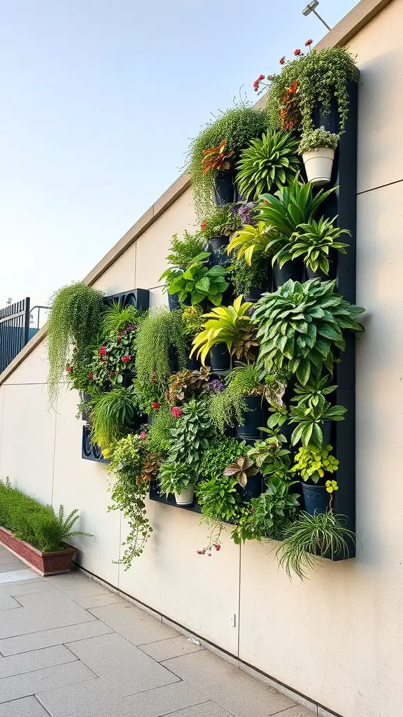 A vertical wall garden filled with various plants, showcasing a green and vibrant display.