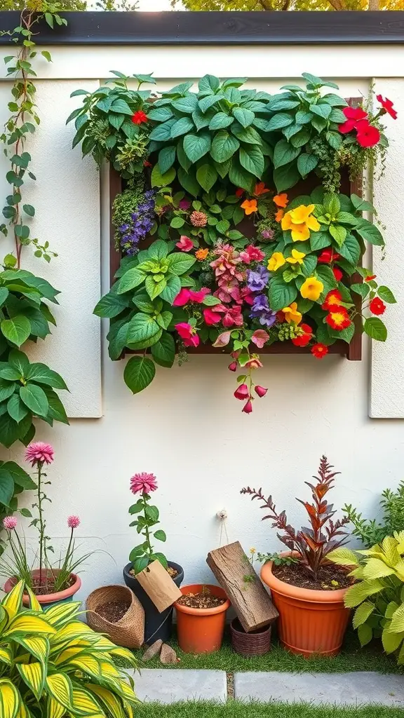 33 Creative Backyard Garden Ideas You Need to Try 34 A vibrant vertical garden with colorful flowers mounted on a wall, surrounded by various potted plants on the ground.