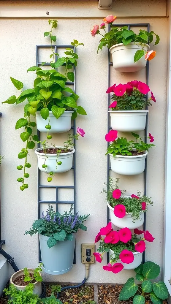 A vertical garden with various plants in white pots mounted on a wall.