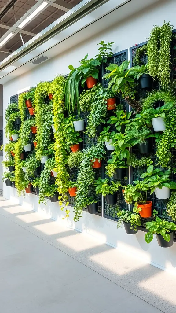 Vertical garden featuring various green plants in pots on a wall, creating a lush green display.