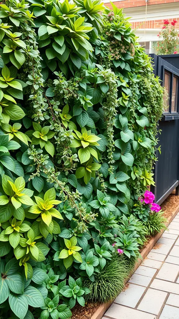 A vertical garden with lush green leaves and colorful flowers in a narrow side yard