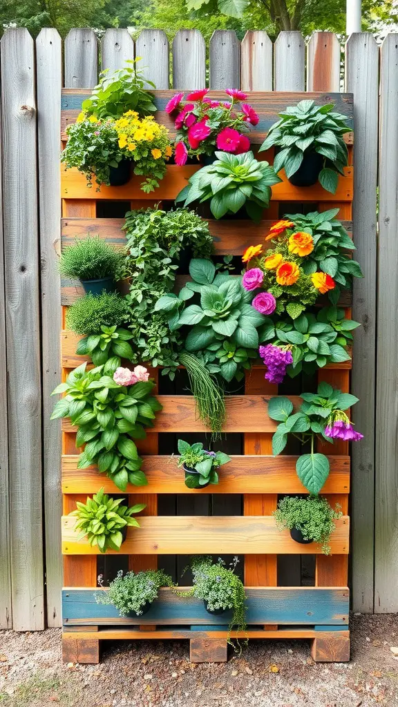 A colorful vertical garden made from a wooden pallet, featuring various potted plants.