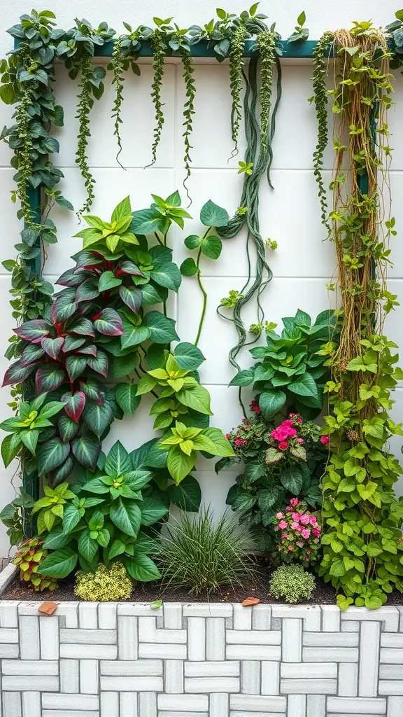 23 Stunning Perennial Garden Ideas to Transform Your Outdoor Space 8 A vertical garden display featuring a variety of green plants and colorful flowers arranged on a wall.
