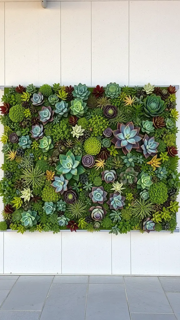 A vertical wall covered with various succulents, showcasing different shapes and colors.