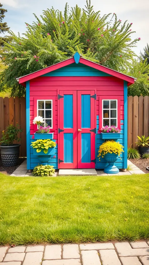 23 Stunning Garden Shed Exterior Ideas to Transform Your Backyard 7 A colorful garden shed painted in pink and blue, surrounded by vibrant flowers and greenery.