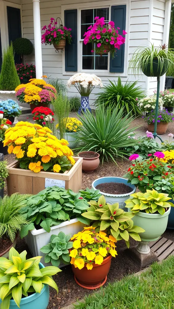 27 Stunning Front Garden Ideas to Transform Your Curb Appeal 9 A vibrant collection of container gardens filled with colorful flowers and greenery.