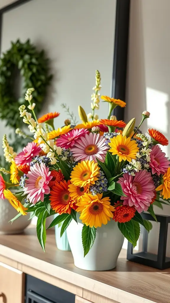 A vibrant arrangement of colorful flowers in a white vase on a mantel