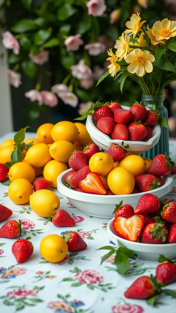 A vibrant spring table display featuring strawberries and lemons in bowls, with flowers in the background.