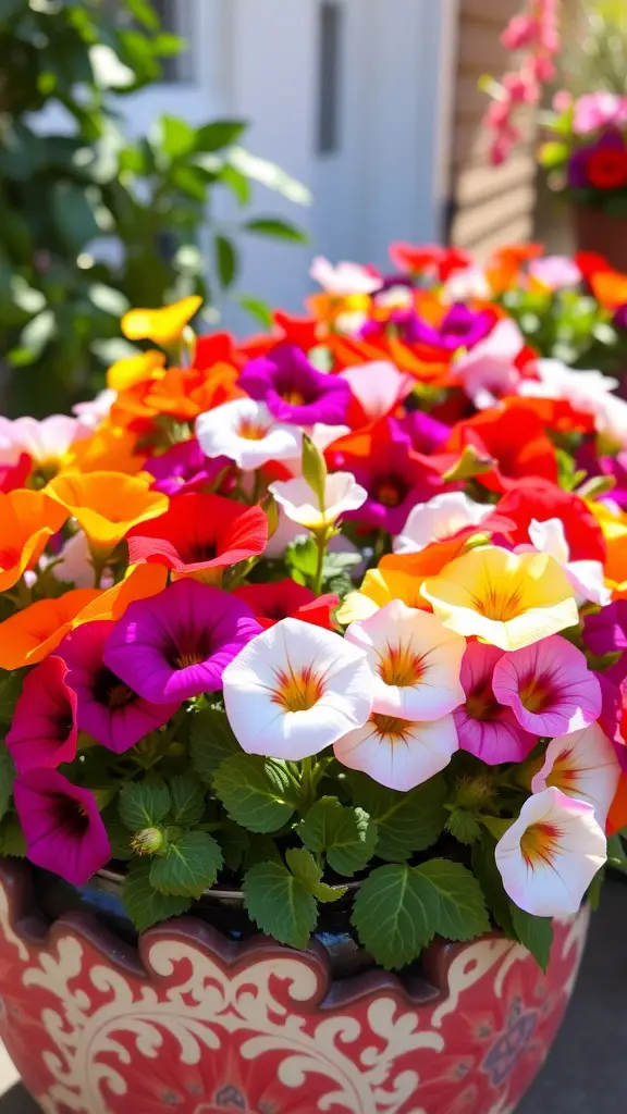 25 Beautiful Flowers Perfect for Container Gardening 6 Colorful petunias in a decorative pot, showcasing a variety of blooms
