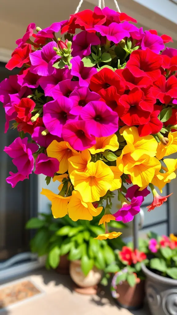27 Stunning Potted Flowers Perfect for Your Patio 7 A vibrant hanging basket filled with pink, red, and yellow petunias.