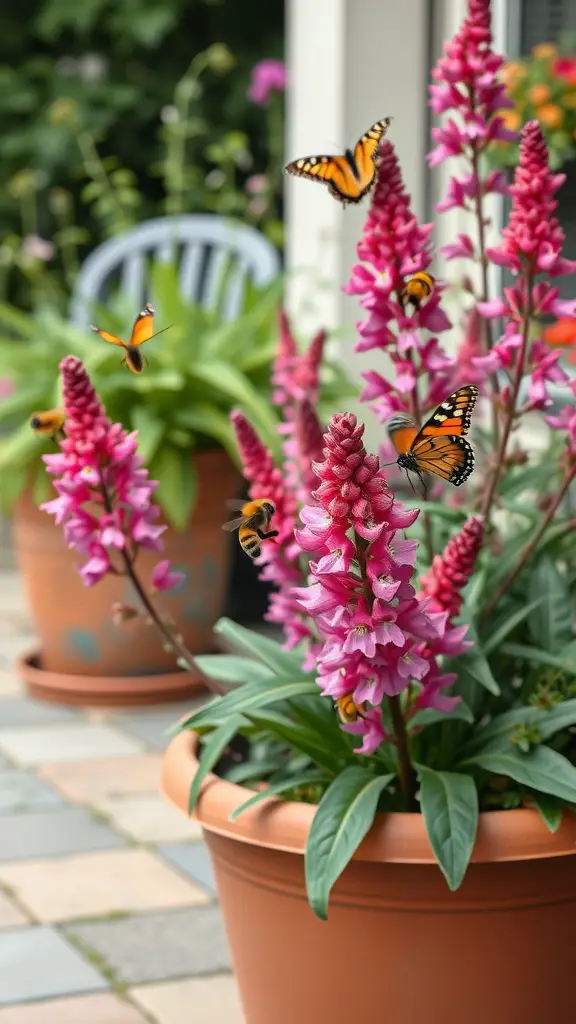 27 Stunning Potted Flowers Perfect for Your Patio 27 Potted salvia flowers with butterflies fluttering around them on a patio