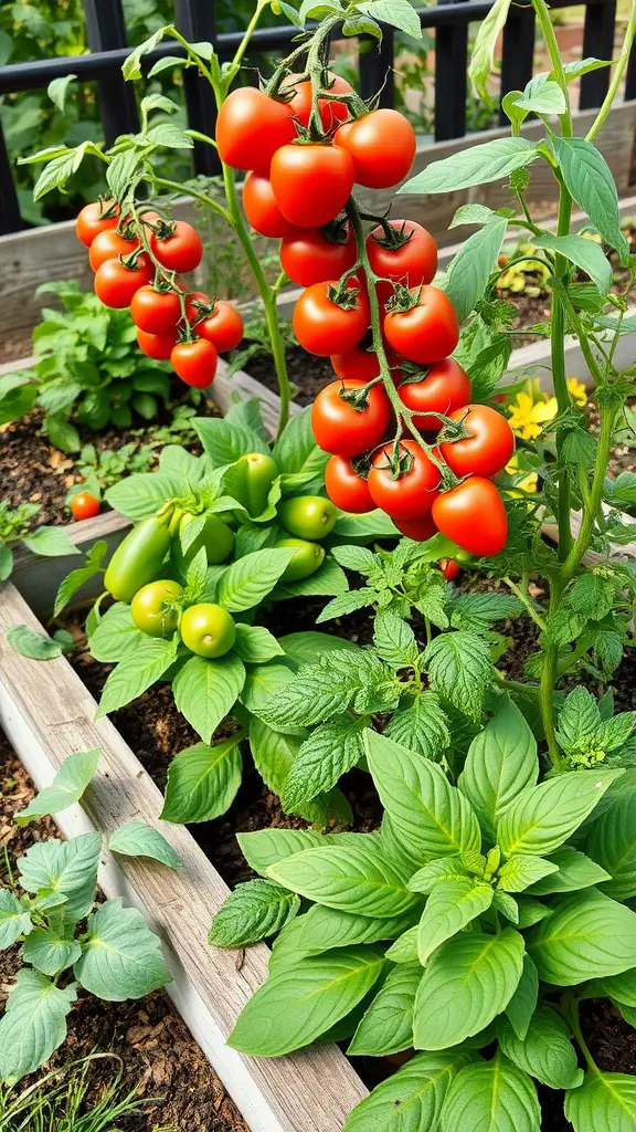 Close-up of a vegetable garden showcasing ripe tomatoes and lush green plants.