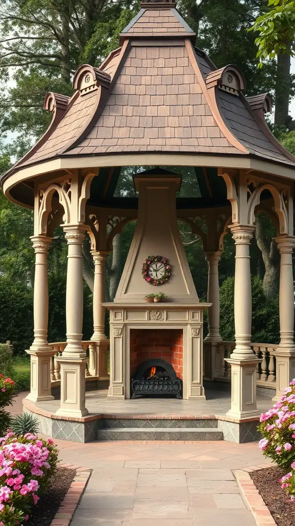 A Victorian-style outdoor pavilion with a fireplace, featuring ornate columns and a lush garden.