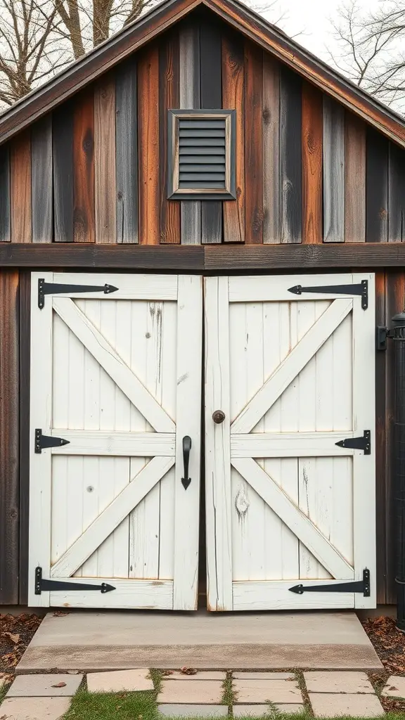 29 Creative Garden Shed Ideas for Every Backyard 11 A vintage barn shed with white double doors and rustic wooden exterior