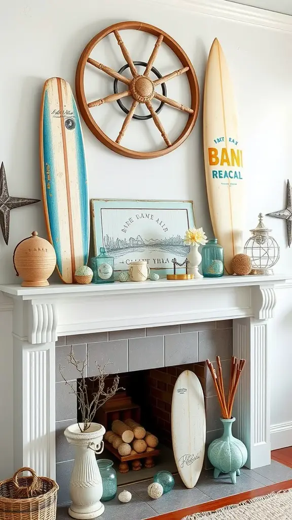 A beautifully decorated summer mantel featuring vintage beach items, including surfboards, a steering wheel, and coastal decor.