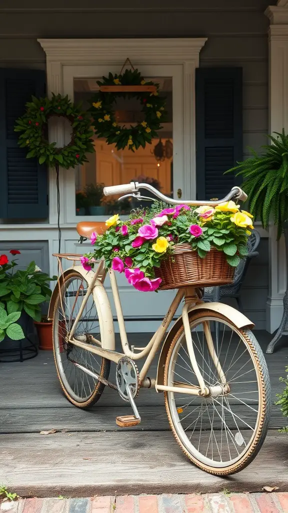27 Cozy Front Porch Ideas for a Welcoming Home 23 A vintage bicycle with a basket filled with colorful flowers on a front porch