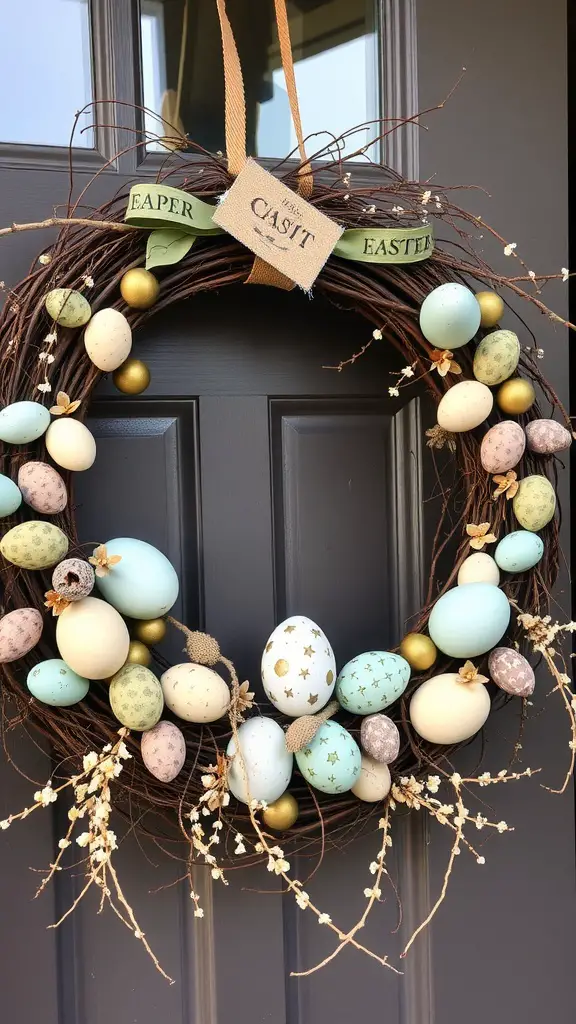 A vintage botanic egg wreath decorated with pastel colored eggs and natural elements.