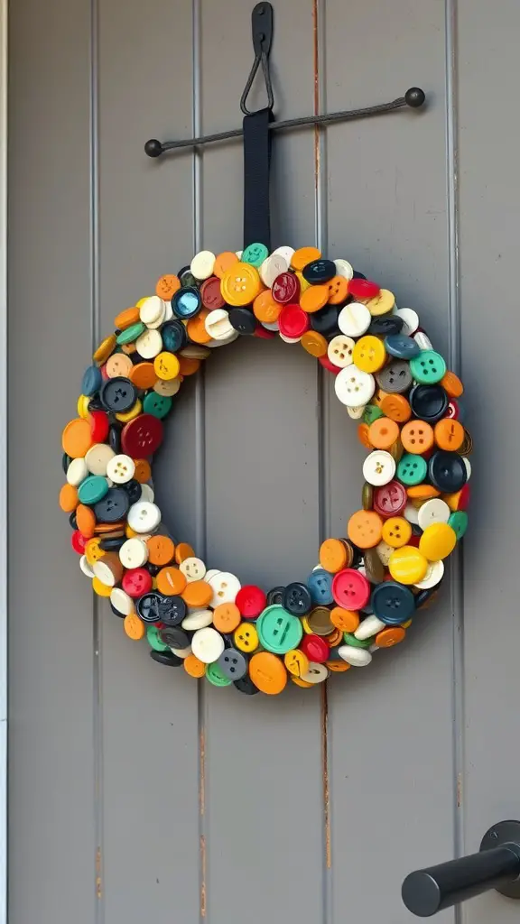 A colorful vintage button wreath hanging on a gray door.