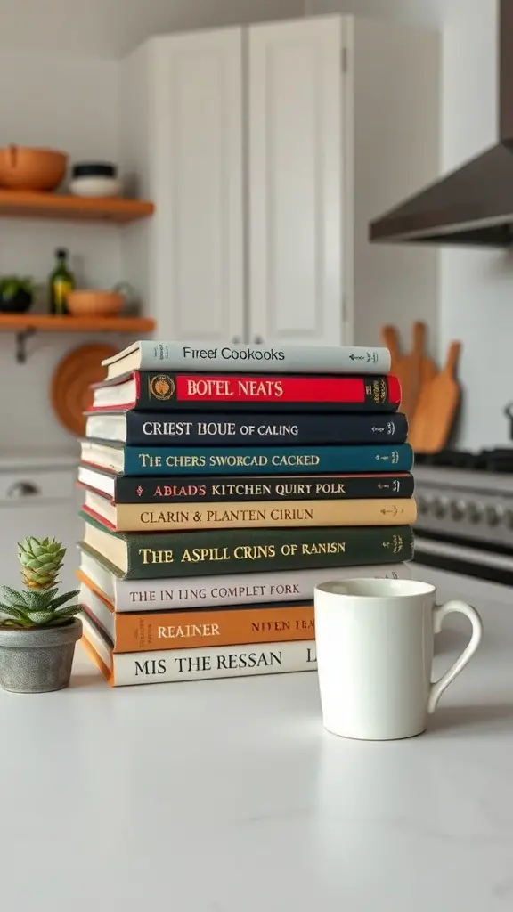 A stack of vintage cookbooks with a white mug and a small succulent plant on a kitchen island.